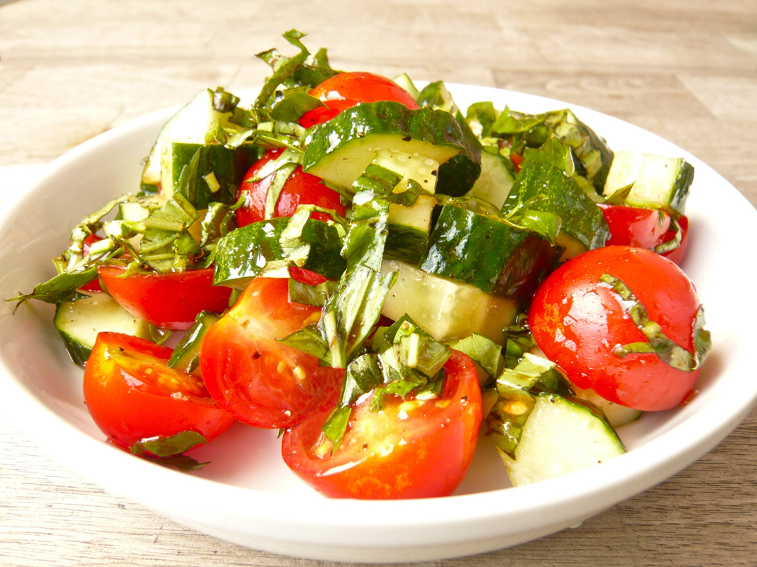 Tomato and Persian cucumber salad with a lime basil & mint chiffona...